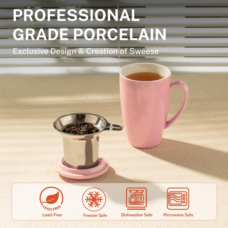 Sweese 15 OZ Porcelain Tea Mug with Infuser and Lid, Loose Leaf Tea Cup, Gifts for Tea Lover, Pink - Image 3
